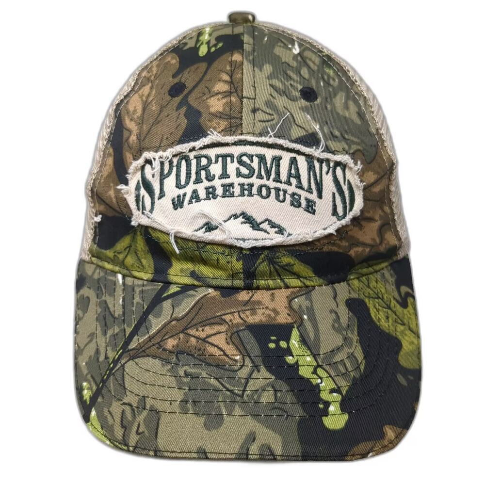 Sportsman's Warehouse Baseball Cap Green Beige Camo Mesh Strapback Hat OS Patch
